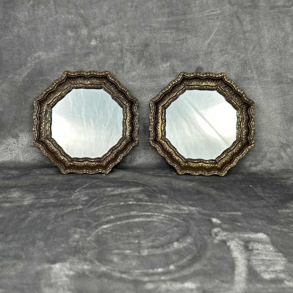 Vintage Set of 2 Gold Octagon Wall Mirrors Ornate Scalloped Frame 6.5 Inch
